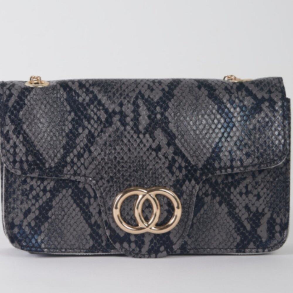 Gray Faux Snake Leather Metal Rings Gold Chain Crossbody Bag - Picture 5 of 14